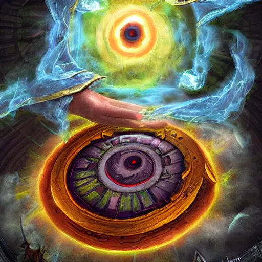 Image similar to giant eye magic spell casting surrounded by magic smoke with some floating magic cards in front of the eye, hearthstone coloring style, epic fantasy style art, fantasy epic digital art