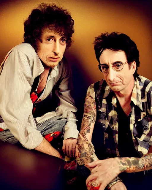 Prompt: 35mm macro photograph Bob Dylan and Bob Saget, flirting expression, wearing a camisole, vibrant high contrast, octane, arney freytag, Fashion photo shoot,, glamorous, tattoos,shot in the photo studio, backlit, rim lighting, 8k