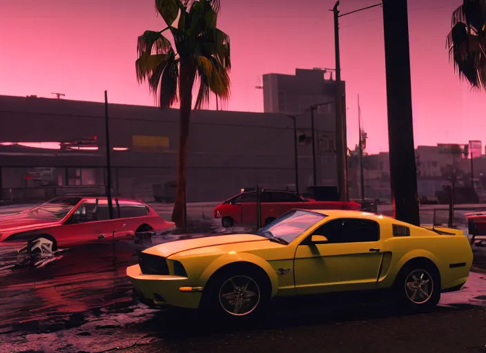 Prompt: still next - gen ps 5 game grand theft auto 6 2 0 2 4 remaster, graphics mods, rain, red sunset, people, reflections, gta vi, miami, palms and miami buildings, screenshot, unreal engine, 4 k, 5 0 mm bokeh, close - up ford mustang, gta vice city remastered, rtx, artstation