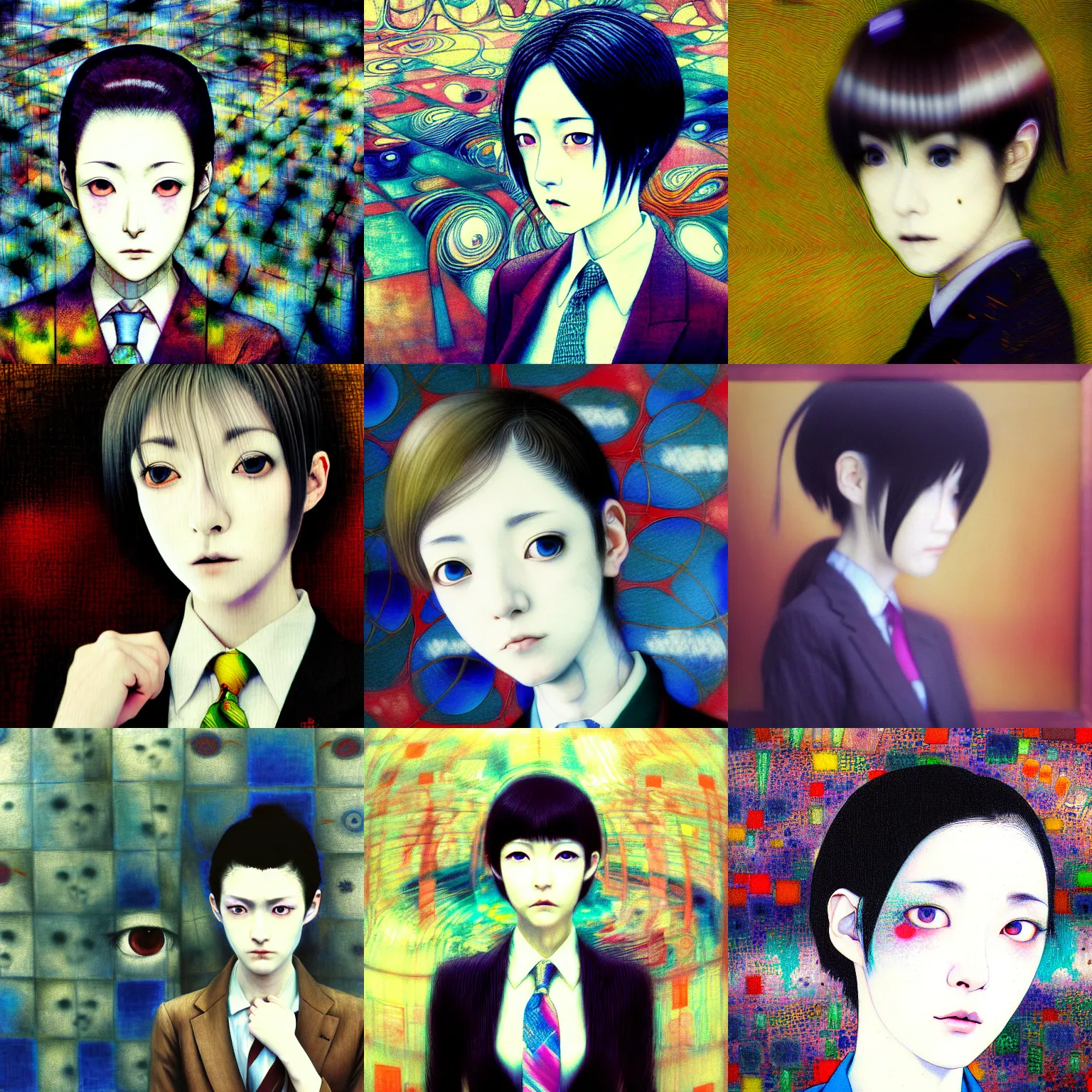 Prompt: yoshitaka amano blurred and dreamy realistic three quarter angle portrait of a young woman with short hair and eyes with heterochromia wearing office suit with tie, junji ito abstract patterns in the background, satoshi kon anime, noisy film grain effect, highly detailed, renaissance oil painting, weird portrait angle, blurred lost edges