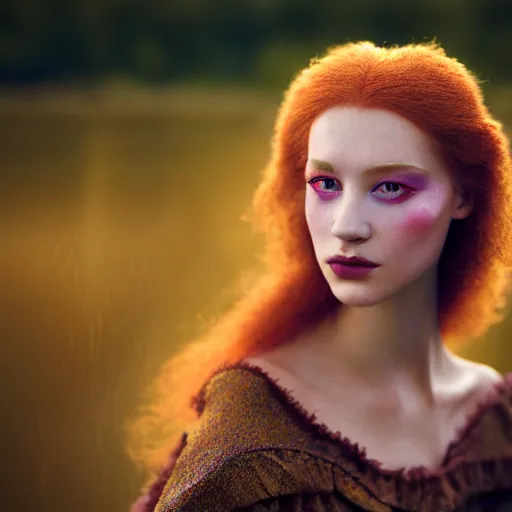 Prompt: photographic portrait of a stunningly beautiful english renaissance female with vibrant makeup, in soft dreamy light at sunset, beside the river, soft focus, contemporary fashion shoot, hasselblad nikon, in a denis villeneuve movie, by edward robert hughes, annie leibovitz and steve mccurry, david lazar, jimmy nelsson, hyperrealistic, perfect face