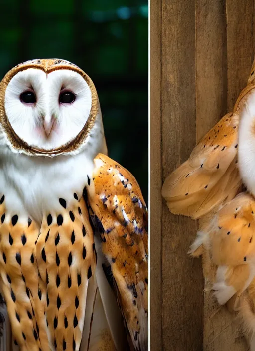 Prompt: portrait photograph of beautiful young female model, symmetric face, symmetric eyes, slight smile, natural light, wearing a yellow kimono with a very detailed barn owl on her shoulder!!! in a tropical greenhouse. looking at the camera!!. super resolution. Extremely detailed. Graflex camera, bokeh.