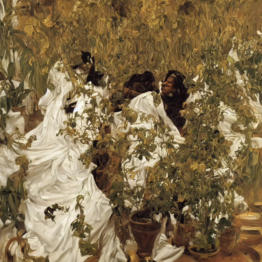 Image similar to high quality high detail painting by lucian freud, jenny savile, ilya repin and john singer sargent, black woman in a white room with many plants, intricate costume design, orientalist, partially gold, ornate, elite, luxury, hd