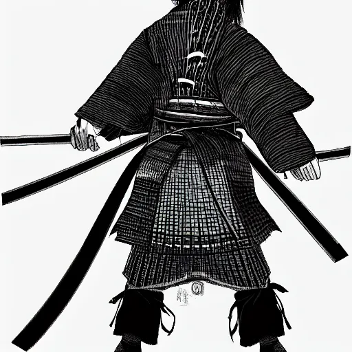 Prompt: A FULL BODY PORTRAIT FROM BEHIND OF A SAMURAI THAT HOLDS 2 KATANAS FROM VAGABOND, ,detailed, concept art, ink style , sketch black and white colors