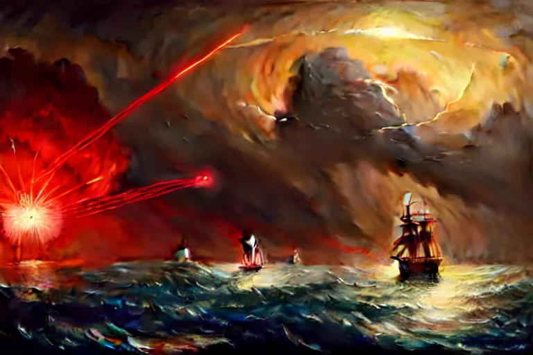 Image similar to A beautiful matte painting of huge spherical alien spaceship attacking with powerful red lasers a Sailship in ocean in thunderstorm by Greg Rutkowski and Ivan aivazovsky