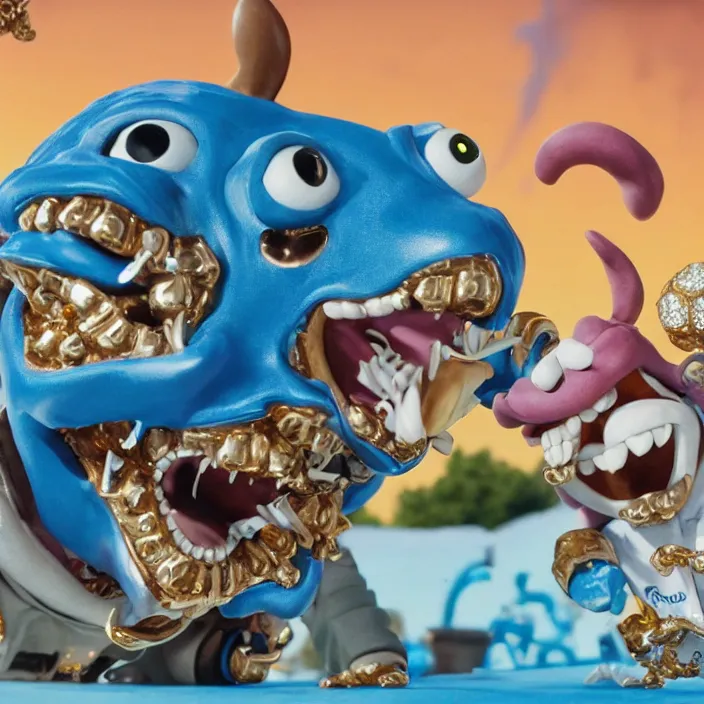 Image similar to jeff koons hip hop style street sharks wearing diamond grillz and a ton of bussdown iced gold bling in wallace & gromit claymation, ultra realistic, concept art, intricate details, serious, highly detailed, photorealistic, octane render, 8 k, unreal engine, art by todd mcfarlane and artgerm and greg rutkowski and alphonse mucha