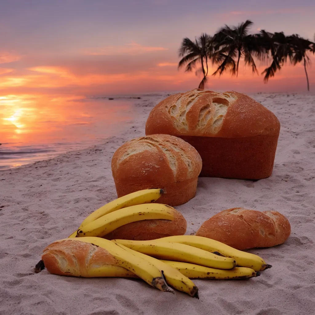 Image similar to a bread and a banana in love at the beach with sunset