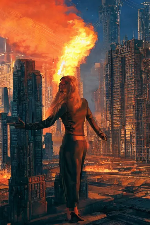 Prompt: in the foreground Saint Petersburg in cyberpunk, in the background a magnificent young blonde woman from behind playing with flames coming out of her hands wearing a long matrix-style jacket, realistic, high definition, many details, dramatic scene, symmetrical face, eyes realistic, art of alex ross