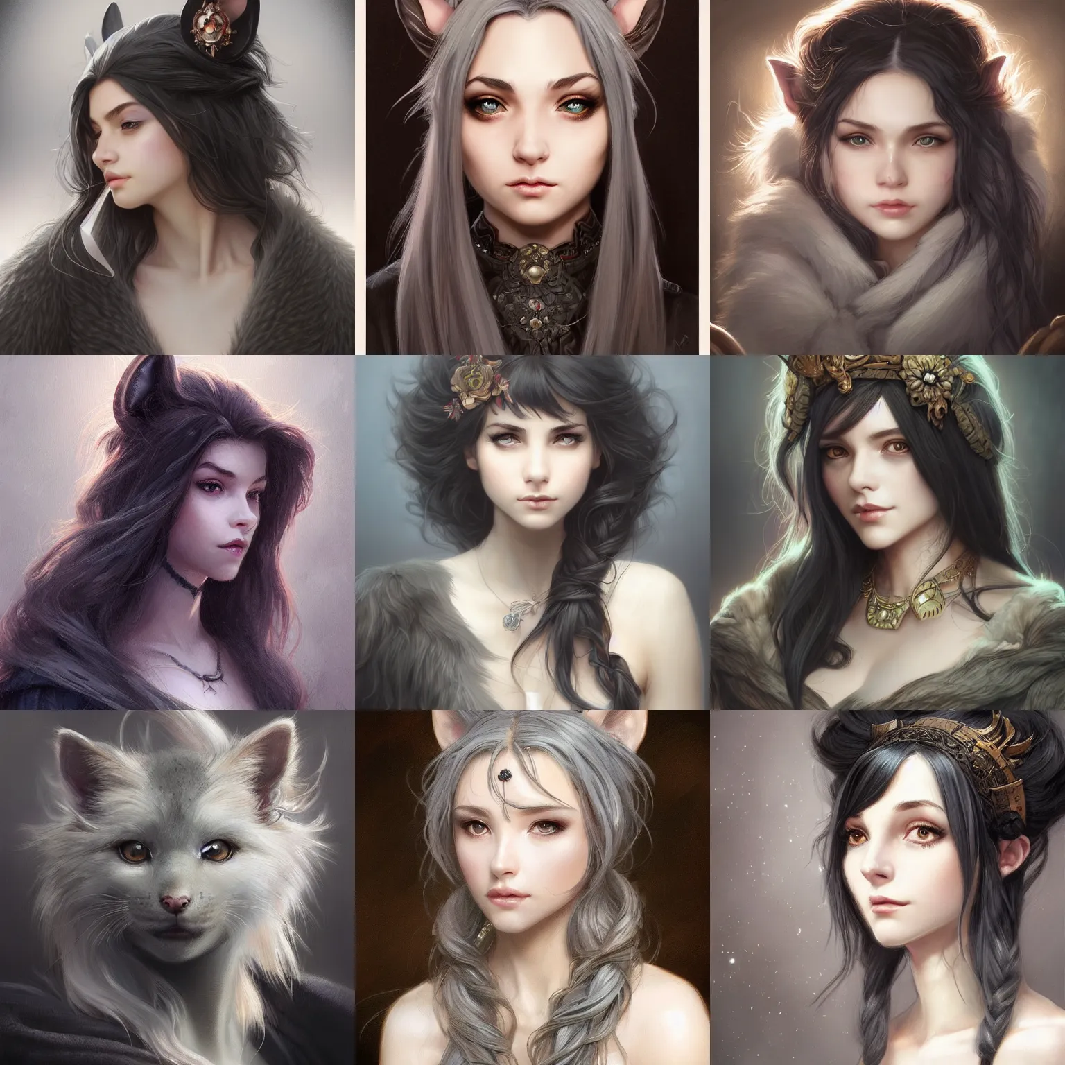 Prompt: 3/4 headshot of young female furry, D&D, cute, fantasy, intricate, long hair, grey skin, mouse ears, black hair, elegant, highly detailed, digital painting, artstation, concept art, smooth, sharp focus, illustration, art by artgerm and greg rutkowski and alphonse mucha