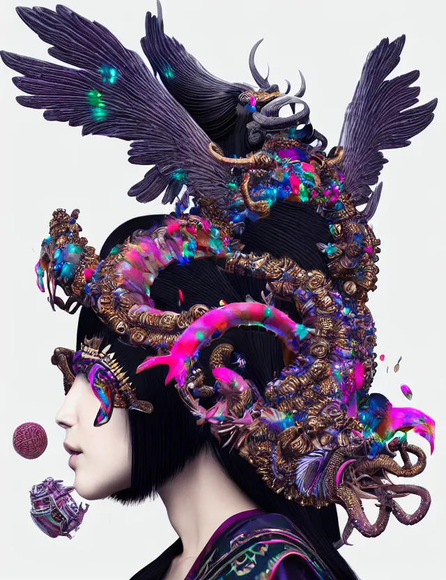 Prompt: 3 d goddess close - up profile portrait with crown, ram skull. beautiful intricately detailed neon japanese crow kitsune mask and clasical japanese kimono. betta fish, jellyfish phoenix, bio luminescent, plasma, ice, water, wind, creature, artwork by tooth wu and wlop and beeple and greg rutkowski