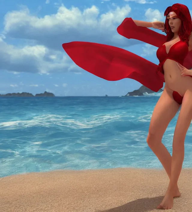 Prompt: scarlet witch in bikini at a beachside, nostalgia, very detailed texture, realistic shaded lighting, studio quality, digital art, painting background, unreal engine 5 rendered, octane rendered, pinnacle studio, naturel, trending on artstation, art style by nixeu and ian sprigger