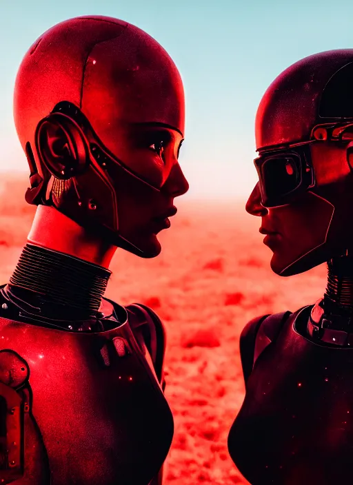 Image similar to cinestill 5 0 d photographic portrait of two loving female androids wearing rugged black techwear on a desolate plain with a red sky, extreme closeup, cyberpunk style, dust storm, 8 k, hd, high resolution, 3 5 mm, f / 3 2, ultra realistic faces, ex machina