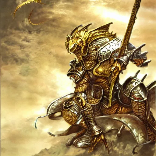 Prompt: golden dragon born fighter wearing plate armor, matte painting, painted by yoshitaka amano