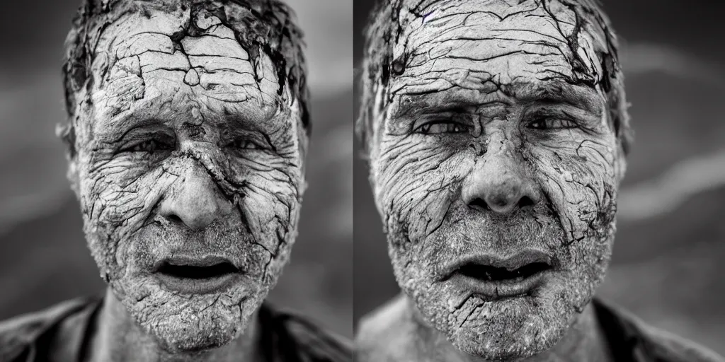 Prompt: old alpine famer face, scars, smeared with oil and dust, sad face expression, centered, no repition, dark, looking in camera, black and white, dolomites in background, crying, missing teeth, beard, little hair, dolomites, dark, eerie, despair, portrait photography, artstation, digital art, adward winning