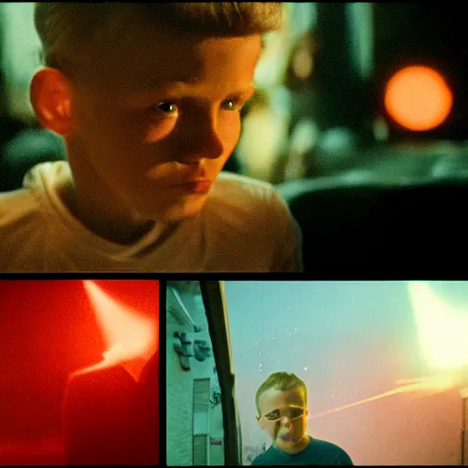 Prompt: movie scene of a iluminated boy, movie still, cinematic composition, cinematic light, criterion collection, reimagined by industrial light and magic, Movie by David Lynch and Ridley Scott