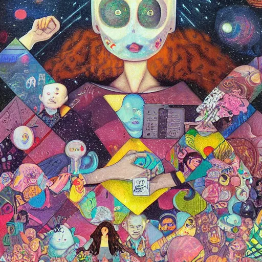 Image similar to A mixed mediart. A rip in spacetime. Did this device in her hand open a portal to another dimension or reality?! by Hikari Shimoda, by Diego Rivera realist