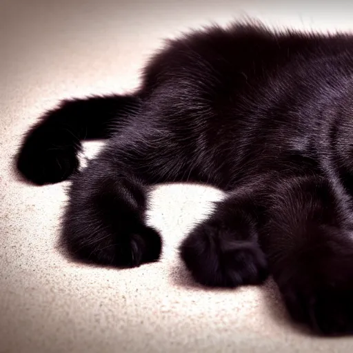 Prompt: black kitten! laying on it ‘ s back showing it ‘ s fluffy belly while looking at the camera!, photorealistic, anatomically correct, sharp focus, 4 k, beautiful,