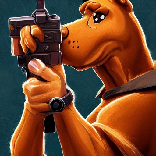 Prompt: scooby doo holding a gun, highly detailed portrait, digital painting, artstation, concept art, smooth, sharp foccus ilustration, Artstation HQ