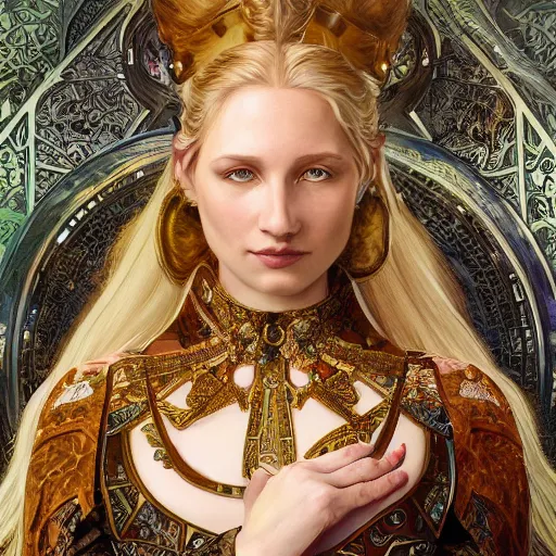 Prompt: A beautiful digital painting of a strong woman with blond haire, in a regal armor, princess, a ghostly bear behind her, D&D, fantasy, intricate, cinematic lighting, highly detailed, digital painting, Artstation, concept art, smooth, sharp focus, illustration, art by Artgerm and Greg Rutkowski, Alphonse Mucha and charlie bowater