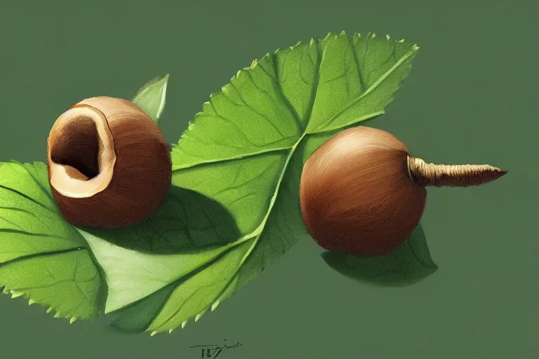 Prompt: a hazelnut with green leaf, macro, fantasy, sharp focus, intricate, elegant, digital painting, artstation, matte, highly detailed, concept art, illustration, ambient lighting, art by Ilya Kuvshinov