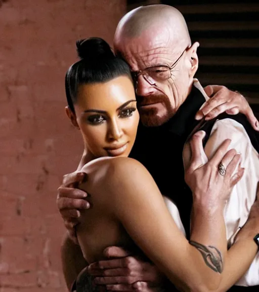 Prompt: Walter White hugging kim kardashian romanticly his hands on her waist, in a derelict mafia mansion