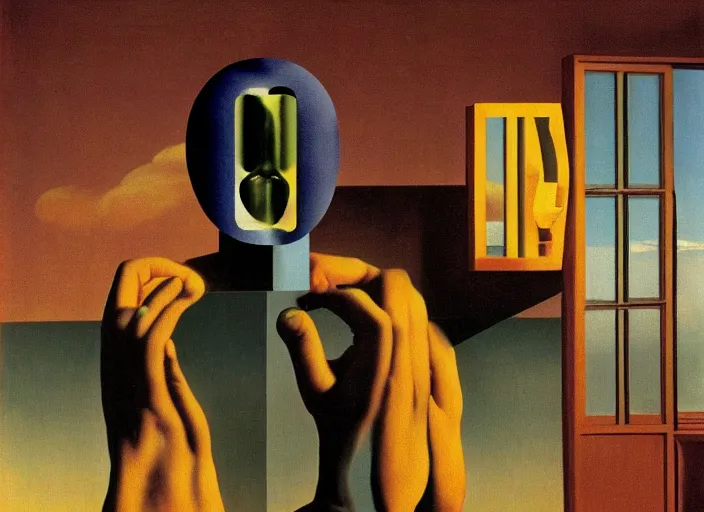 Image similar to infinite masks on a person, maddening forbidden knowledge, flying comb, strange machine by rene magritte and salvadore dali