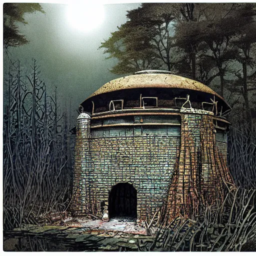 Prompt: pillbox paragonpunk fortress half-sunk in a noxious Swamp, by Colleen Doran and by Angus McBride and by Ted Nasmith, low angle dimetric rendering, centered, 3-point perspective