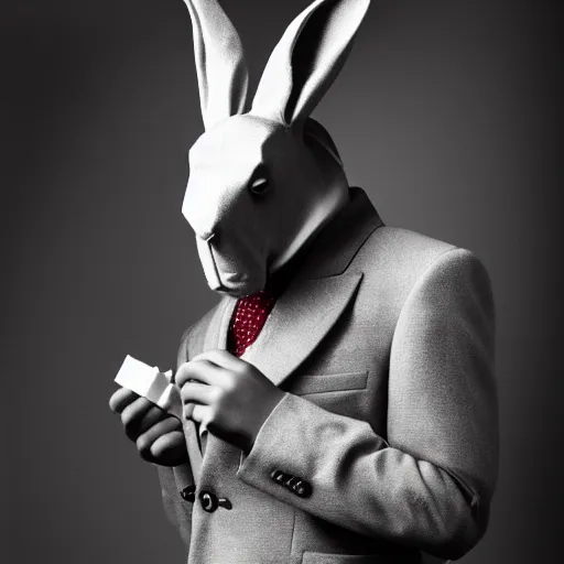 Image similar to a humanoid rabbit wearing a peak lapel suit and smoking a cigarette, chiaroscuro, medium shot, cinematic promo material