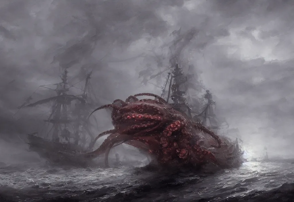 Prompt: a giant octopus wrapped around a large ship in the ocea, stormy, artstation, jakub rozalski, high detail, dramatic lighting, night, fog