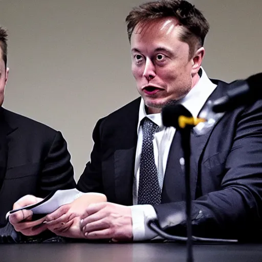 Prompt: photo of Elon Musk and the FBI having an interrogation