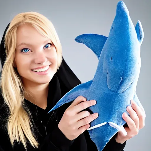 Prompt: a blonde girl in a black hoodie holding a blahaj blue shark plush from ikea, anime style