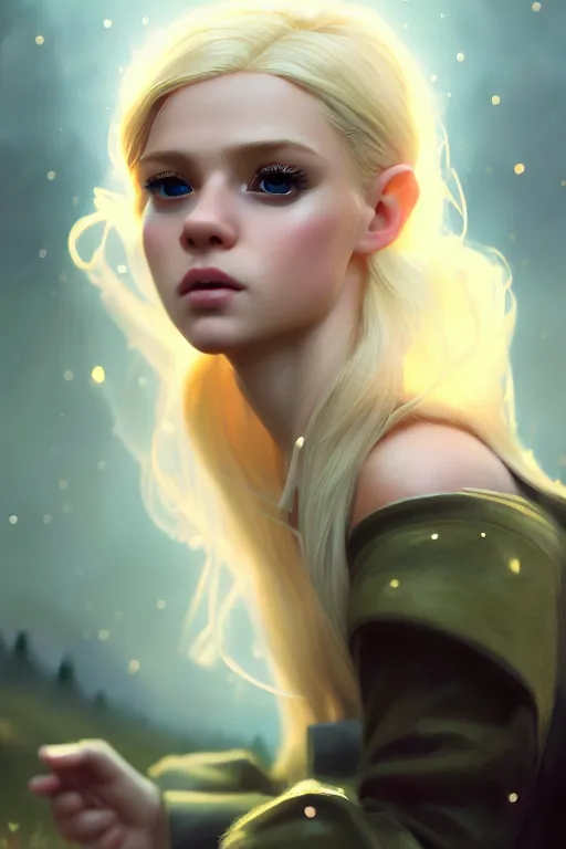 Image similar to cinematic shot of an epic portrait of a cute blonde fairy dressed in military clothes, stylised military clothes, shiny skin, beautiful eyes, beautiful, small details, night setting, realistic poster with volumetric light from craig mallism, artgerm, jeremy lipkin and michael garmash, unreal engine, radiant light, digital art, trends at art station, a masterpiece