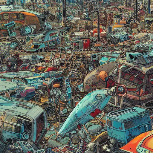 Prompt: hyper detailed comic illustration of a cyberpunk junk yard with abandoned rockets and broken cars, by Josan Gonzalez and Geof Darrow, intricate details, vibrant, solid background, low angle fish eye lens