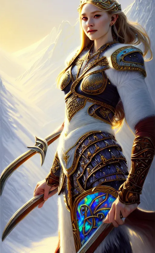 Image similar to opal viking warrior, regal, elegant, winter, snow, beautiful, stunning, hd, illustration, epic, d & d, fantasy, intricate, elegant, highly detailed, wide angle, digital painting, artstation, concept art, smooth, sharp focus, illustration, wallpaper, art by artgerm and greg rutkowski and alphonse mucha and jin xiaodi