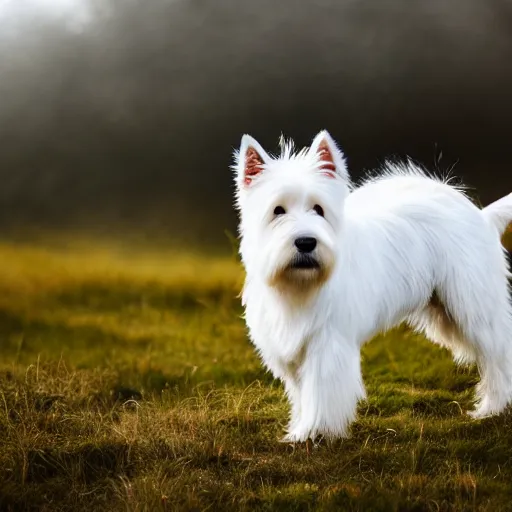 Prompt: the most beautiful west highland terrier, dramatic, depth of field, mist, particles