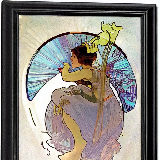 Prompt: a woman floating in a glowing cylinder in a science fiction laboratory by Alphonse Mucha