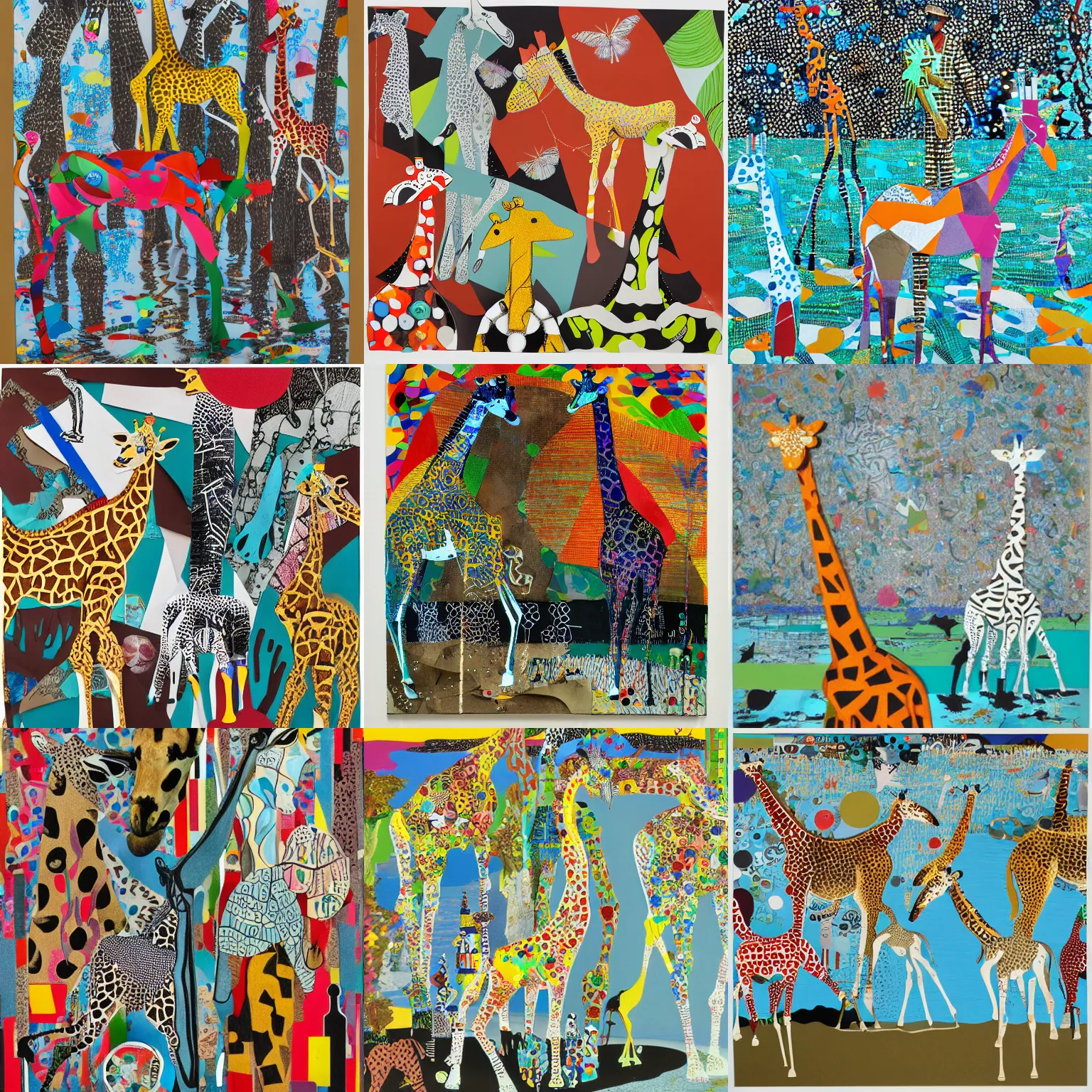 Prompt: Giraffes crossing a river, collage, found objects, cut colored paper, stencils, ink, oil painting, by Damien Hirst, Chris Ofili, Tracey Emin