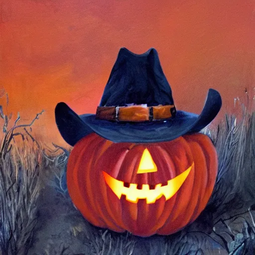 Prompt: painting of a cowboy jack o lantern in a cemetery