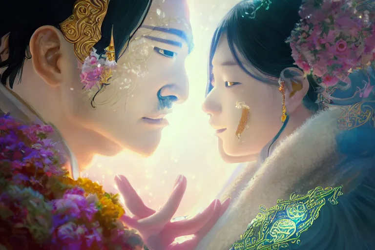 Image similar to a dreamlike portrait of wedding photograph close up moment of a divine a taiwan sun god and moon goddess lovers magician at a wedding banquet. portraiture. digital painting. artstation. concept art. fantasy wedding photo. digital painting, 8 k realistic, hyper detailed, by makoto shinkai and akihiko yoshida and hidari and wlop