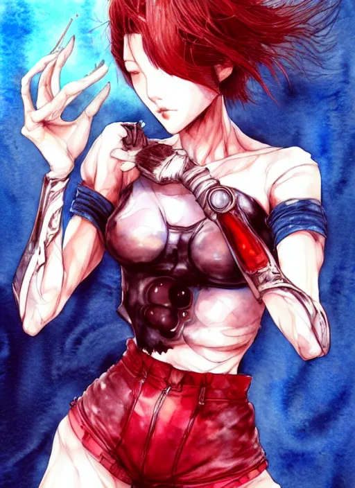 Image similar to fullbody!! yoshitaka amano and ayami kojima lineart, watercolour, gorgeous girl symmetrical face, short red hair, crop top, shorts, dynamic action pose, hyper detailed, character concept, intricate, elegant, digital painting, artstation, smooth, sharp focus