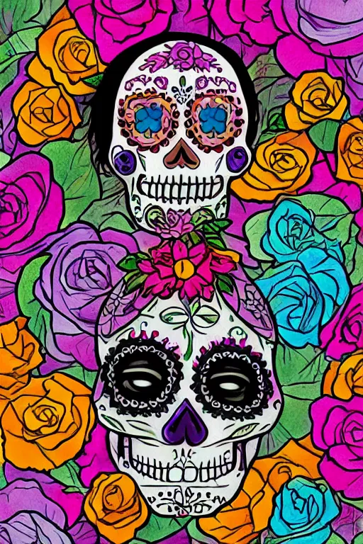 Prompt: Illustration of a sugar skull day of the dead girl, art by Don Bluth