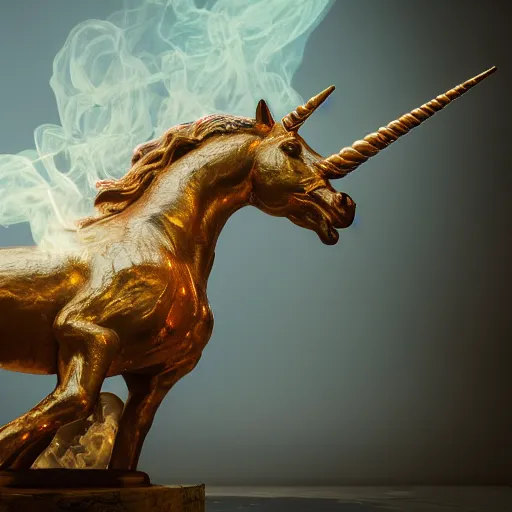 Image similar to a statue of a ramping unicorn sourrounded by a colorful smoke, victorian baroque, hyperrealistic, detailed, depth of field, High definition, 8k, depth of field, octane render, artstation