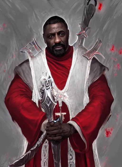 Image similar to a highly detailed illustration of idris elba as a sadistic white haired priest wearing red and white robe, dramatic smiling wielding blade of blood pose, gothic church background, intricate, elegant, highly detailed, centered, digital painting, artstation, concept art, smooth, sharp focus, league of legends concept art, wlop