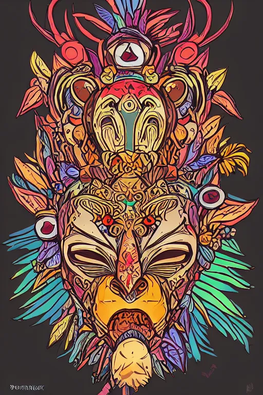 Image similar to animal mask totem roots flower tribal feather gemstone plant wood rock shaman vodoo video game vector cutout illustration vivid multicolor borderlands comics by josan gonzales and dan mumford radiating a glowing aura