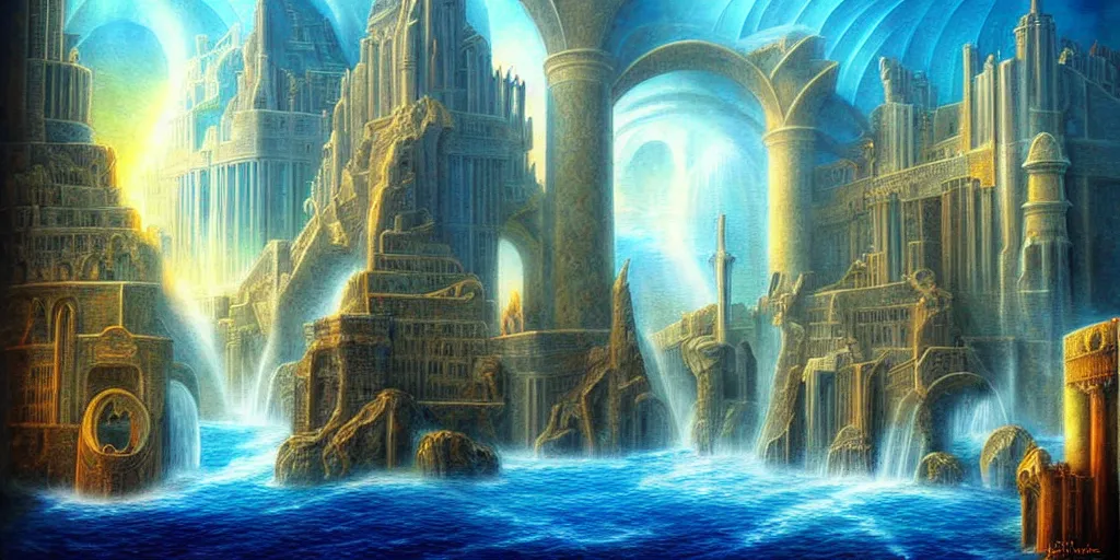 Prompt: atlantis architectural marvels, realistic fantasy art painting