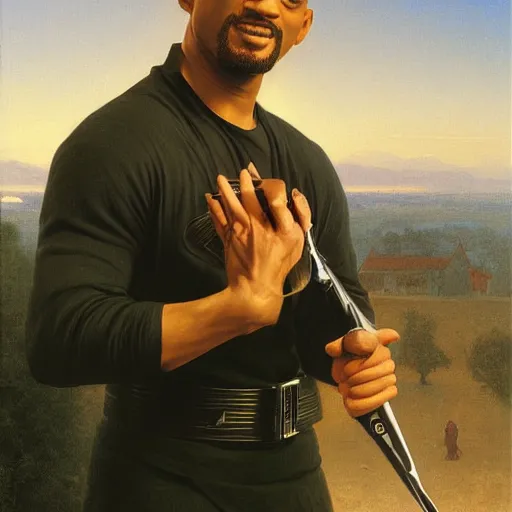 Image similar to Painting of Will Smith as Neo. Art by william adolphe bouguereau. During golden hour. Extremely detailed. Beautiful. 4K. Award winning.