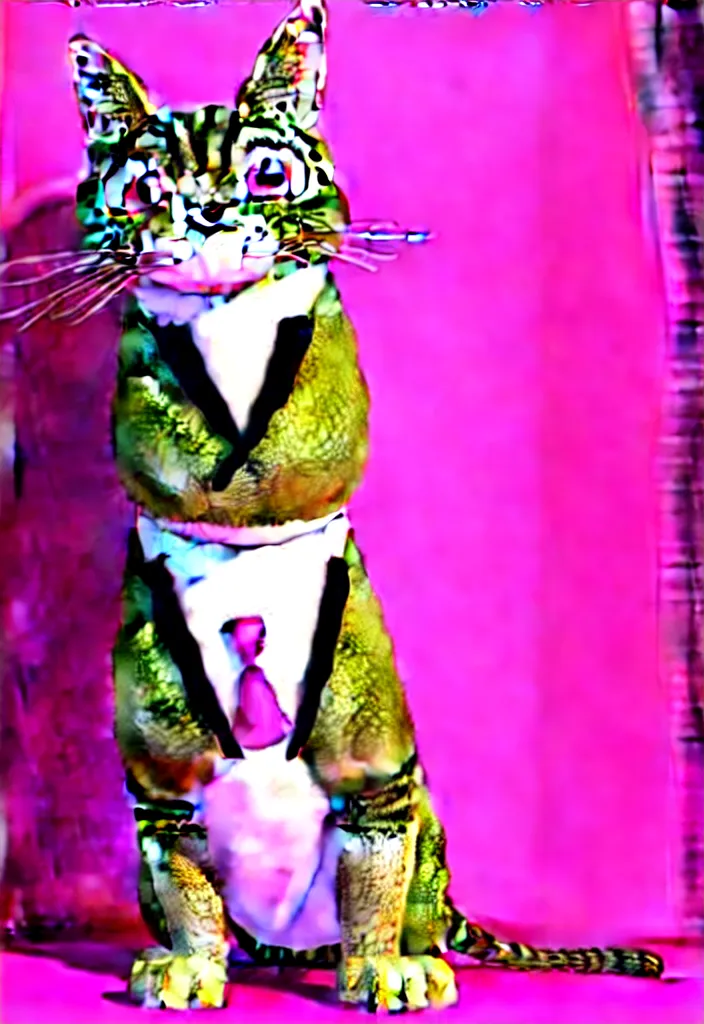 Image similar to portrait of a tabby ,wearing a pink tuxedo,Pixar style