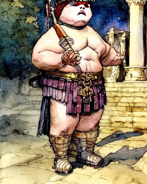 Image similar to a realistic and atmospheric watercolour fantasy character concept art portrait of a fat adorable chibi shih tzu puppy roman centurion in a roman temple, by rebecca guay, michael kaluta, charles vess and jean moebius giraud