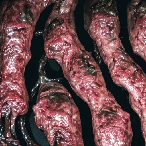 Prompt: a high-quality photo of a massive blood-oozing amorphous meat blob with a dozen of faces melting into the mangled mass of muscle, bones, and writhing tendrils made of bloody veins, lurking in the darkness, partially illuminated only by the camera flash, numerous dimly glowing eyes