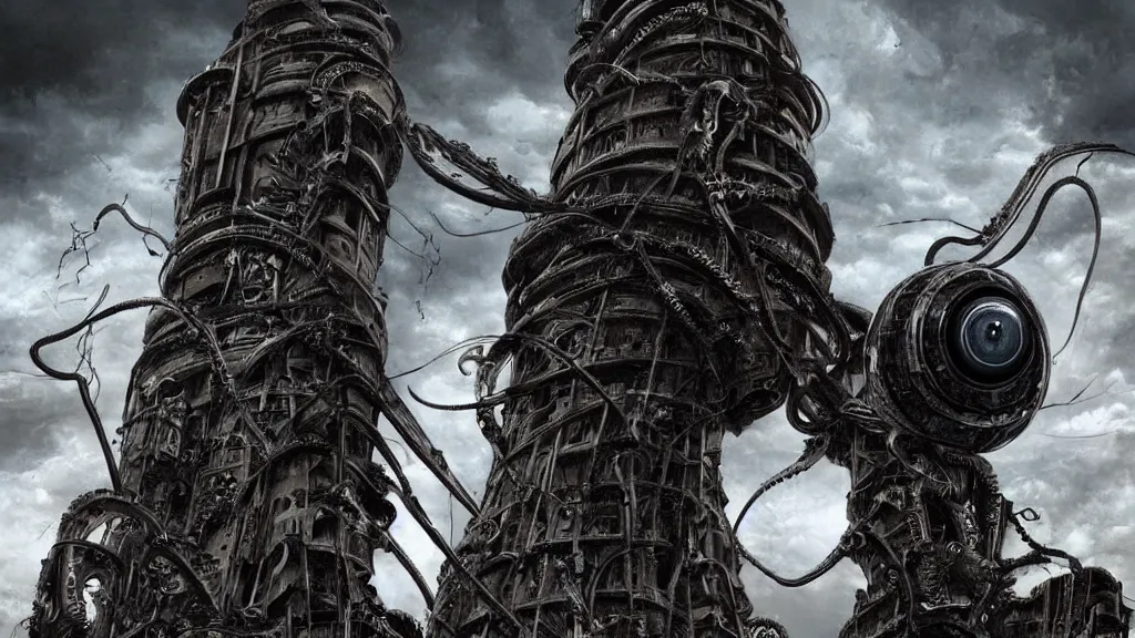 Image similar to A tower with an Eyeball at the top, BioMechanical like Giger, with tentacles coming out, looking over a stormy post-apocalyptic wasteland, dystopian art, wide lens